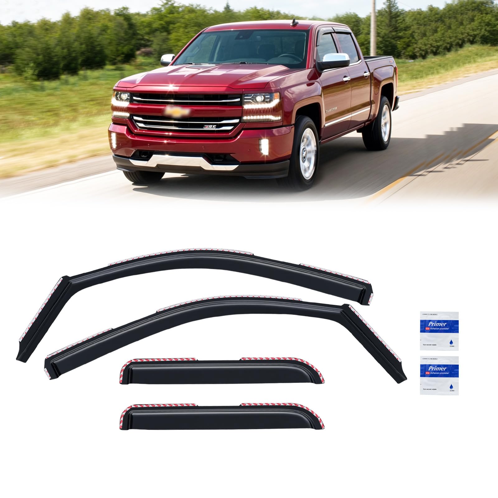 Photo 1 of **PRODUCT FOR CAB AND HALF** in-Channel Rain Guards for 2014-2018 Chevy Silverado 1500/ GMC Sierra 1500 Double Cab, Window Visor Shields Vent Deflector Shade Wind Dark Smoke for 15-19 Silverado/Sierra 2500 3500, Tape-On, 4PCS
