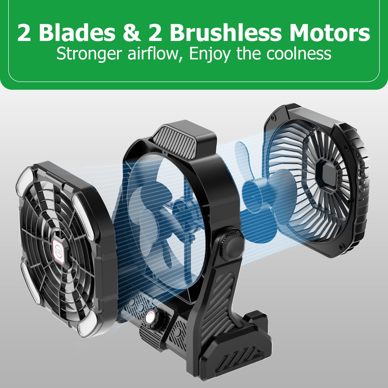 Battery Powered Fan,20000mAh Camping Essentials Rechargeable Cordless Camping Fan with LED Light & Hook，270° Pivot USB Table Battery Operated for Tent Black X26
