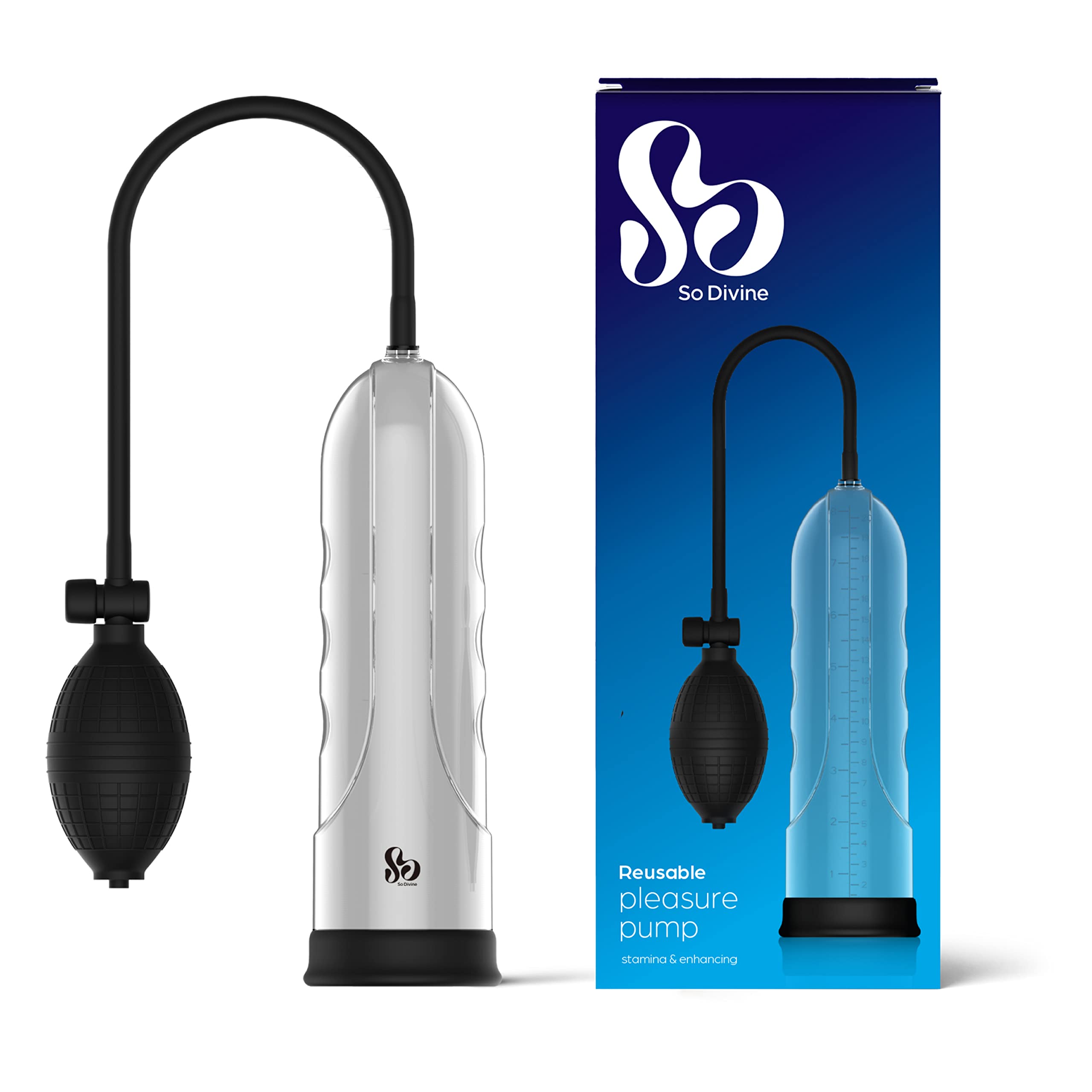 So Divine Pleasure Pump – Penis Pump with Quick Release Valve for Controlled Pressure Management- 8-inch Ruler Guide – Silicone Entrance Offers Skin Safe Cushioning and an airtight Seal.