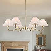TinHon 35.8" Gold Chandeliers for Dining Room, Antique Brass Modern Chandelier with Pleated Shades, 6-Light Classic Pendant L