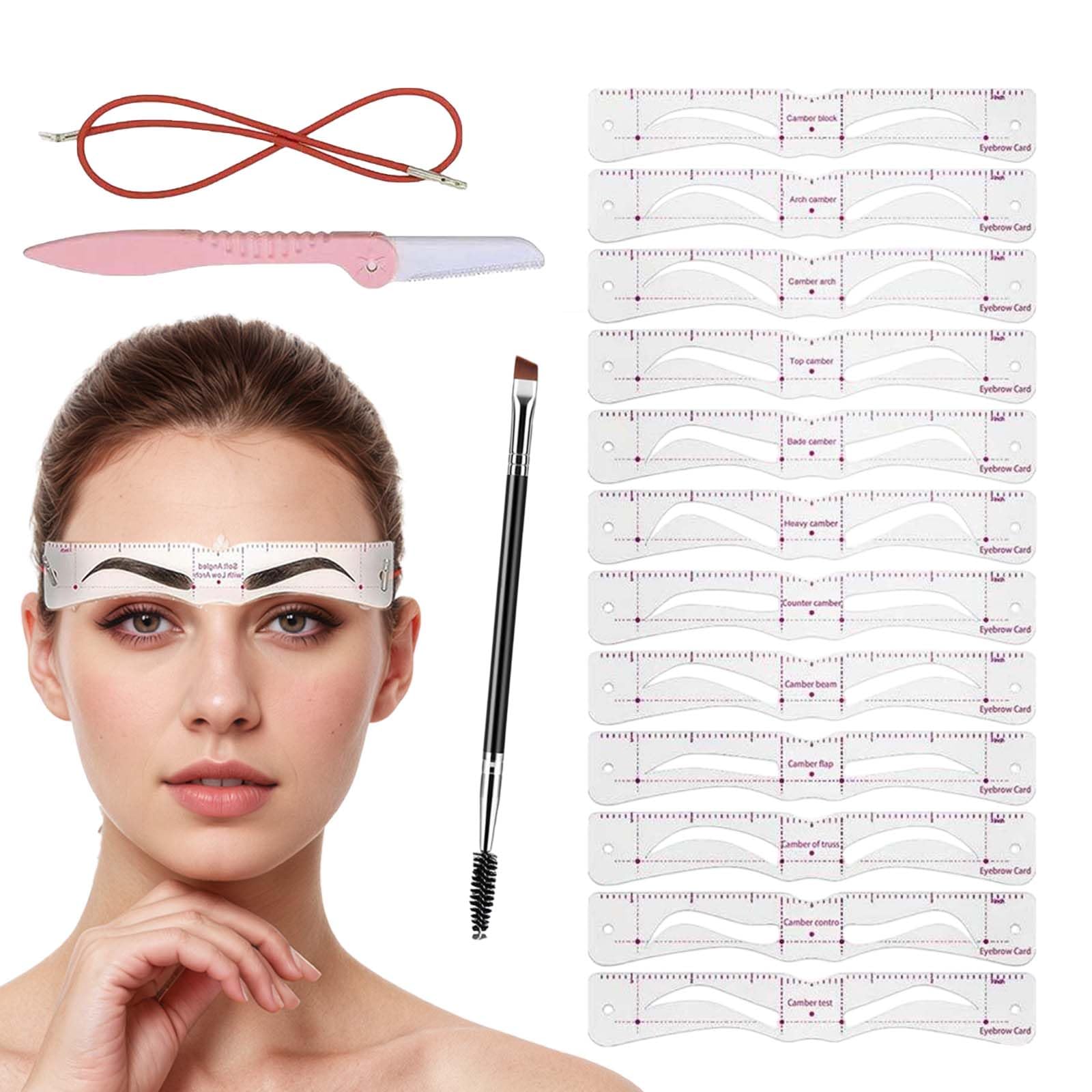 12 Styles Eyebrow Shapers Template Stencils with 1 Straps,1 Eyebrow Razor Trimmer and 1 Dual-ended Brows Brush Brow Brush, DIY Stamp Kit for Grooming and Drawing Superciliary Arch for 3 Minutes Makeup