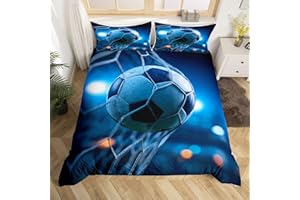 3D Soccer Duvet Cover Set Twin,Boys Football and The Soccer Ball Decorative Bright Blue Comforter Cover Set 2 Pieces Bedding 