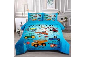 GRAT TIOC Boys Construction Vehicles Truck Comforter Set Twin,Christian Kids God Says I Am Construction Bedding Set,Car Excavator Tractor Bedroom Set（1 Comforter 2 Pillowcase） Blue