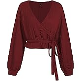 ZAFUL Women's V Neck Sweater Lantern Long Sleeve Pullover Cable Knit Cross Crop Top Casual Tie Wrap Tunic Jumper Blouses