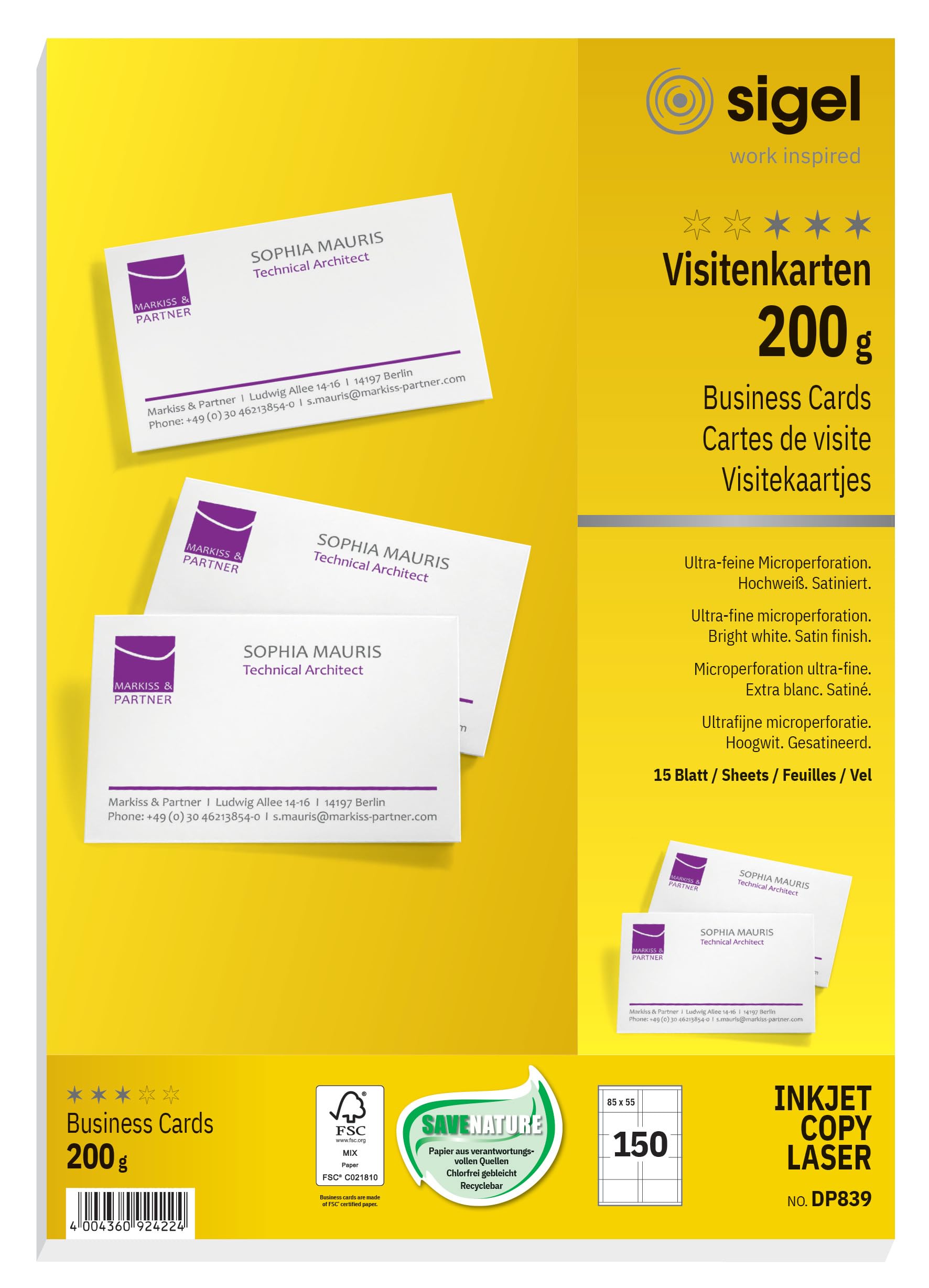SIGEL DP839, 85x55 mm (A4), Business Cards, mp, 200 gsm, printable, bright White, 150 Piecesequal to15 sheets
