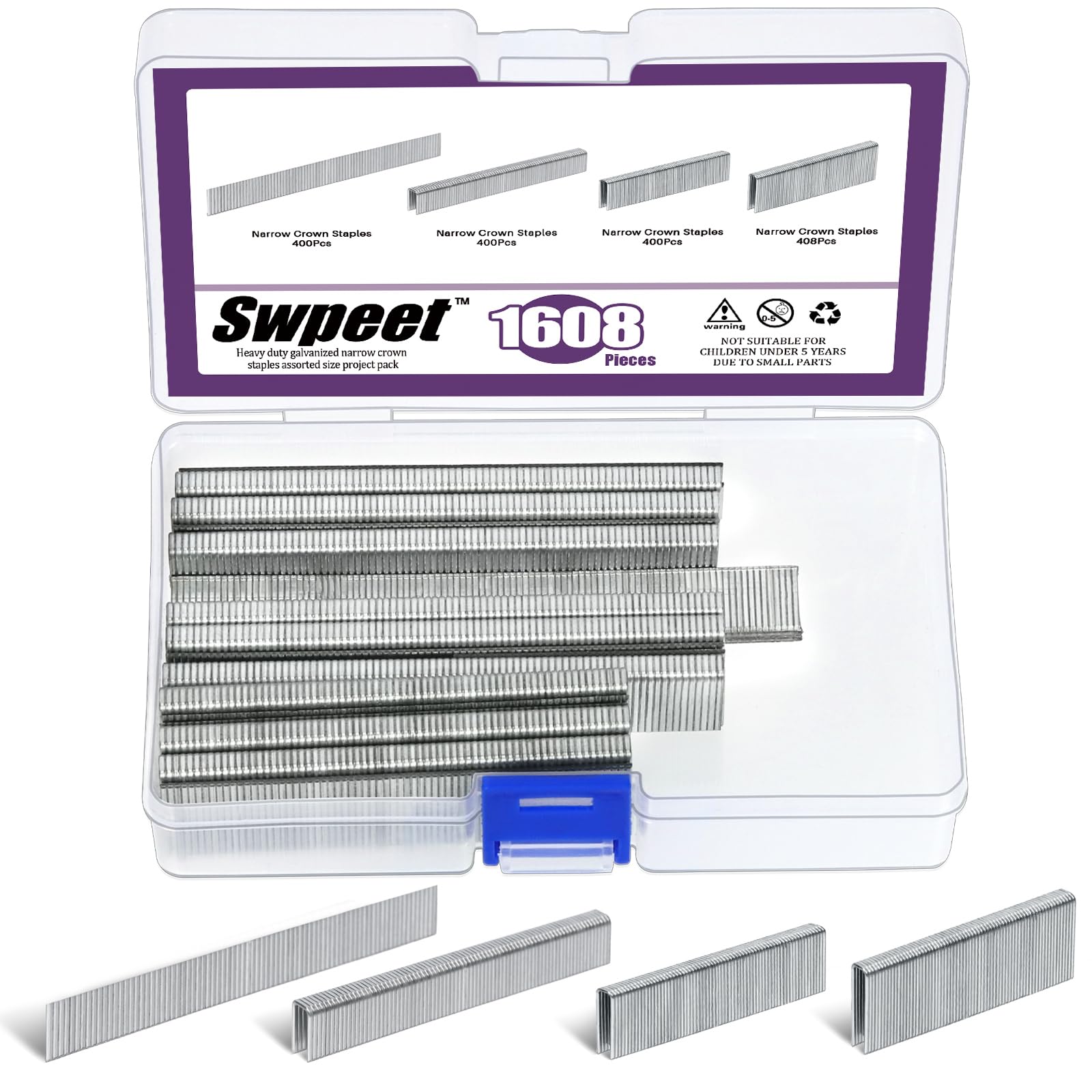 Swpeet 3625 Counts 6 Sizes K419 K425 K433 K438 F25 F50 18 Gauge Galvanized Steel Silver Narrow Crown Staples Approx 1/4"×3/4"/1"/1-1/4"/1-1/2", Brad Nails1" 2" for Electric Stapler/Brad Nailer