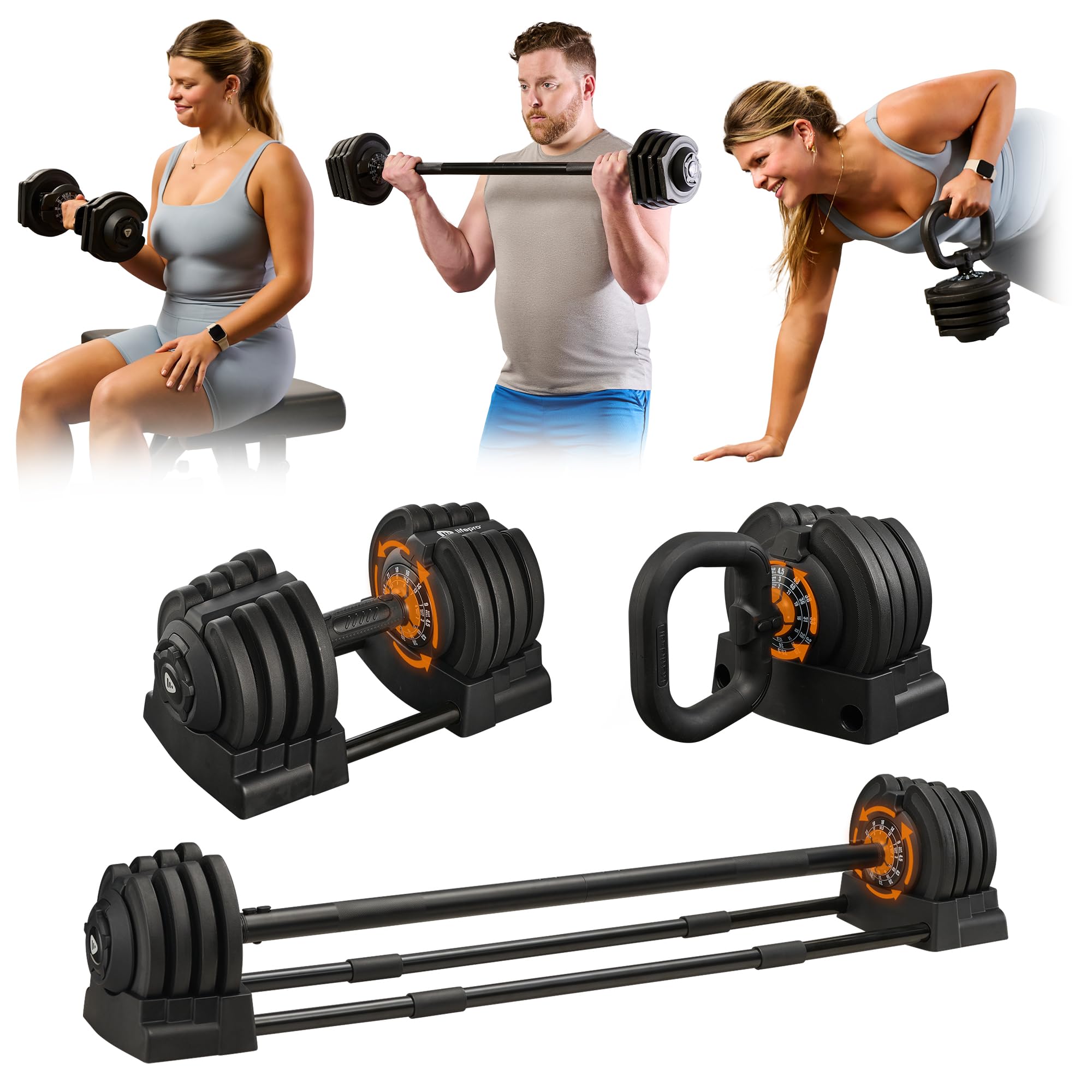 LifePro Adjustable Dumbbells Set/Single - 15lb 43lb 55lb 25 lb Dumbbell Sets with Rack - Quick Adjust, Secure Grip weights dumbbells set - Compact Hand Weights for Women/Men at Home Gym Image