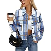 CYCLAMEN Women's Flannel Plaid Cropped Shacket Jacket Long Sleeve Button Down Crop Shirt Coat Fall Fashion Casual Outfits