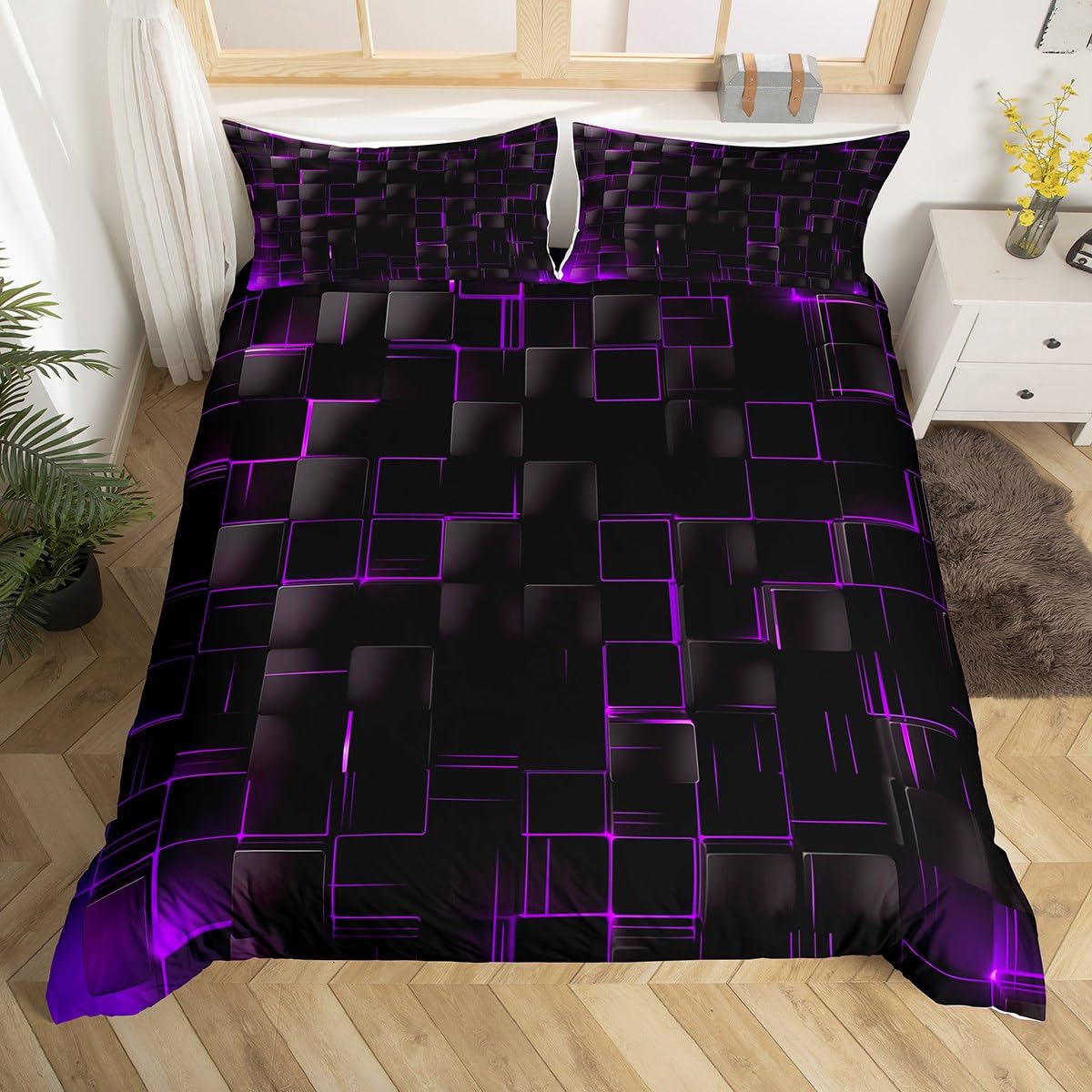 Manfei Geometric Duvet Cover Set King Size, Abstract Square Grid Print Bedding Set 3pcs for Kids Boys Girls Room Decor, Purple and Black Comforter Cover Soft Polyester Quilt Cover with 2 Pillowcases — image 1