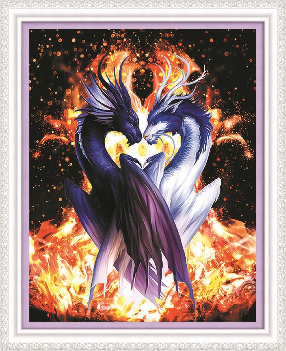 Meecaa Cross Stitch Kits 11 Count Stamped, Dragon Animal Anime Fire Couple Embroidery Kit with Accessories Pre Printed (40CMx50CM) (Dragon)