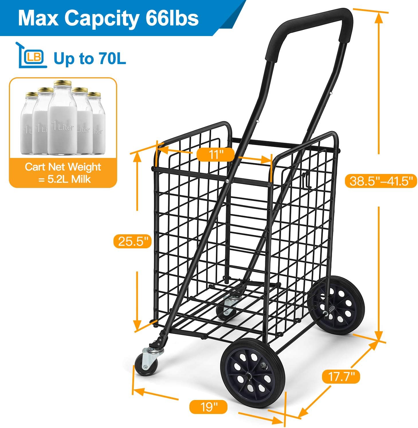 Pipishell Shopping Cart with Dual Swivel Wheels for Groceries - Compact Folding Portable Cart Saves Space - with Adjustable Handle Height - Lightweight Easy to Move Trolley Holds up to 70L/Max 66Ibs: Home & Kitchen