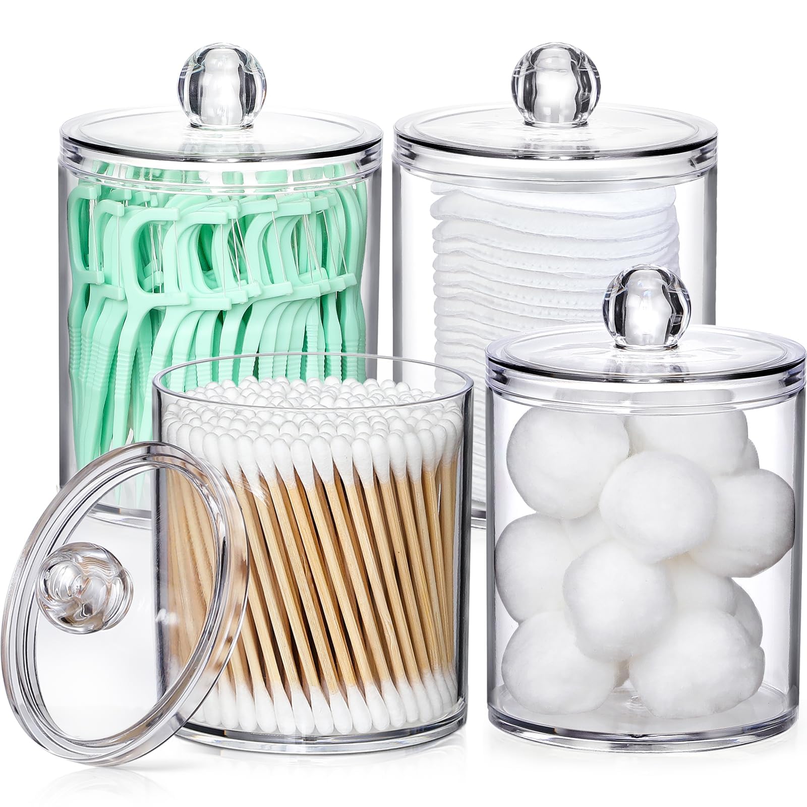 Photo 1 of 4 Pack Acrylic Qtip Holder Dispenser for Cotton Swabs, Balls, Pads, Floss Picks- Small Clear Plastic Canister Apothecary Jar Set, Bathroom Essentials Accessories Decor, Vanity Makeup Storage Organizer