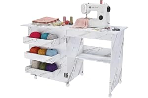 Sailret Portable Sewing Machine Table with Storage Shelves & Lockable Wheels, Foldable Sewing Desk with Fold-Out Table, Multipurpose Craft Station with 46" Drop-Leaf Worktop