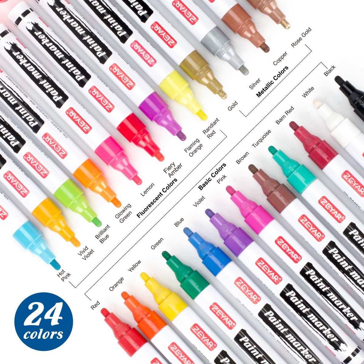 ZEYAR Oil-Based Paint Markers for Rock Painting, Medium Point, Waterproof & Permanent Ink, 24 Colors, Oil-Based, Expert of Rock, Wood, Fabric, Plastic, Canvas, Glass, Mugs and more