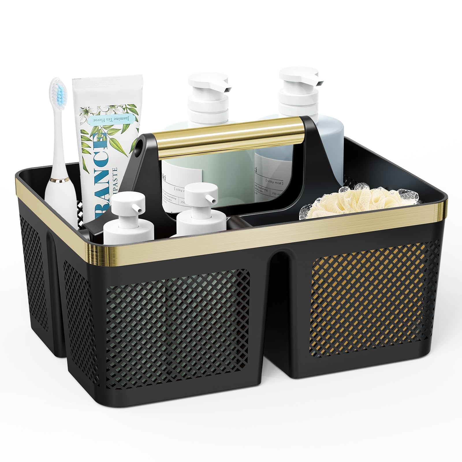 Photo 1 of BYUNER Shower Caddy Dorm Men: Plastic Bathroom Caddy Organizer with Handle and Holes, Bath Caddy for College Dorm, Portable Shower Basket Tote for Toiletry, Travel, GYM, Camp Essentials Black/Gold