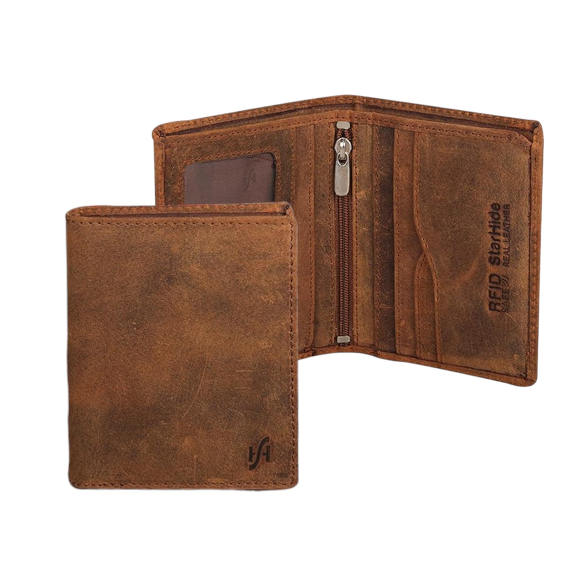STARHIDE Slim Wallet for Men | RFID Blocking Bifold Wallet Mens UK | Genuine Distressed Hunter Leather Small Money Pocket Wallet with Zip 1155 (Brown) — image 1