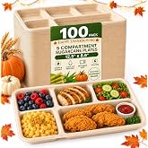 Tinybee 5 Compartment Compostable Plates, 12.5 x 8.6, 100 Pack, Natural | Heavy Duty Bagasse Paper Plates &amp; Divided Disposable Trays, BPI-Certified, Eco-Friendly for Lunch, Buffet, Party &amp; School