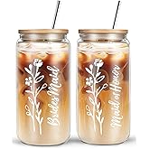DHQH Bridesmaid Proposal Gifts,16 Oz Bride Glass Cups with Bamboo Lids and Straw, Maid of Honor Gifts for Bridal Shower Wedding Bachelorette Party