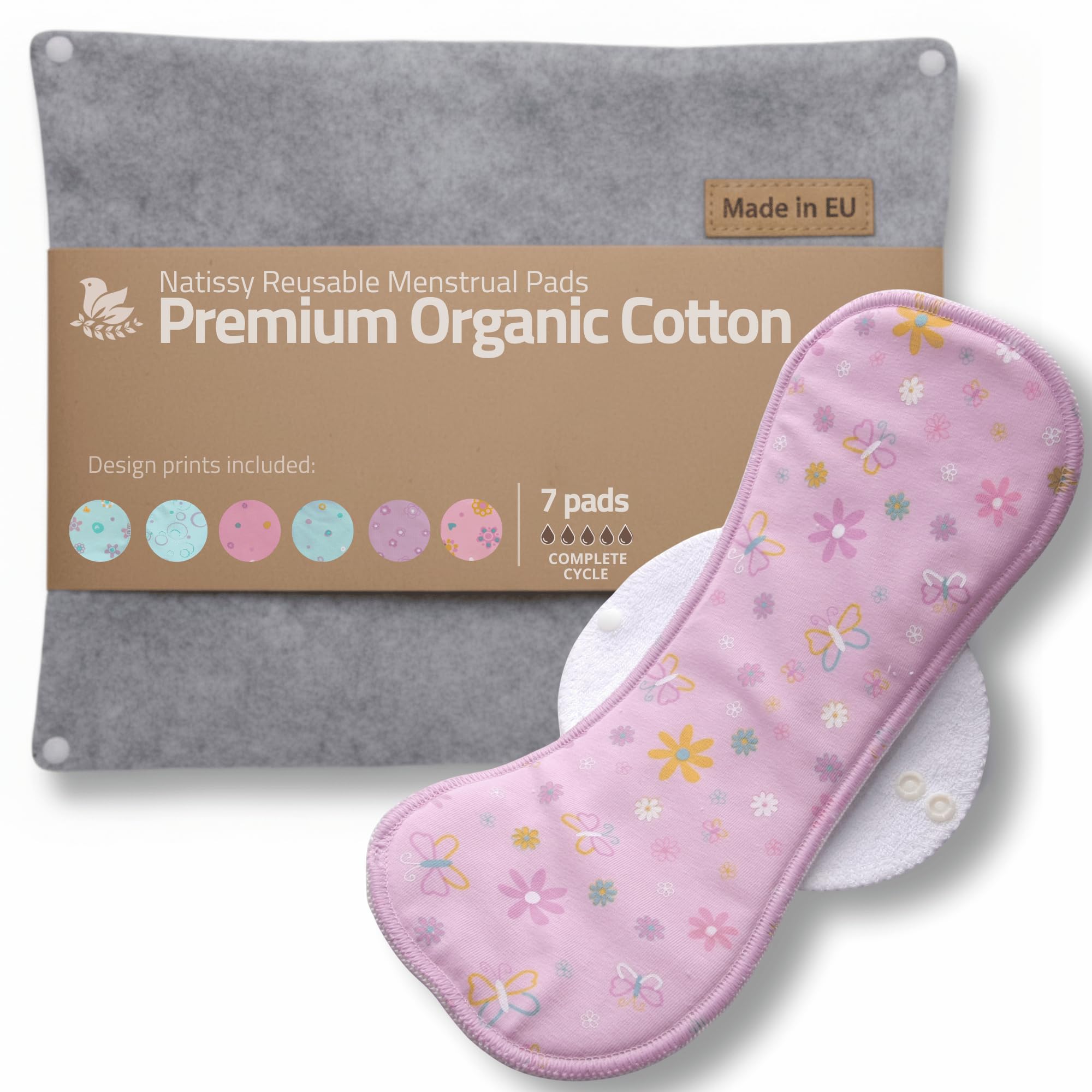 Made in EU – Reusable Sanitary Pads for Light to Heavy Flow - 7 Pack (S, M, L & XL) – High-Temp Washable Cloth Period Pads for Women – Ultra Soft Organic Cotton & Secure Fit for Menstrual Comfort