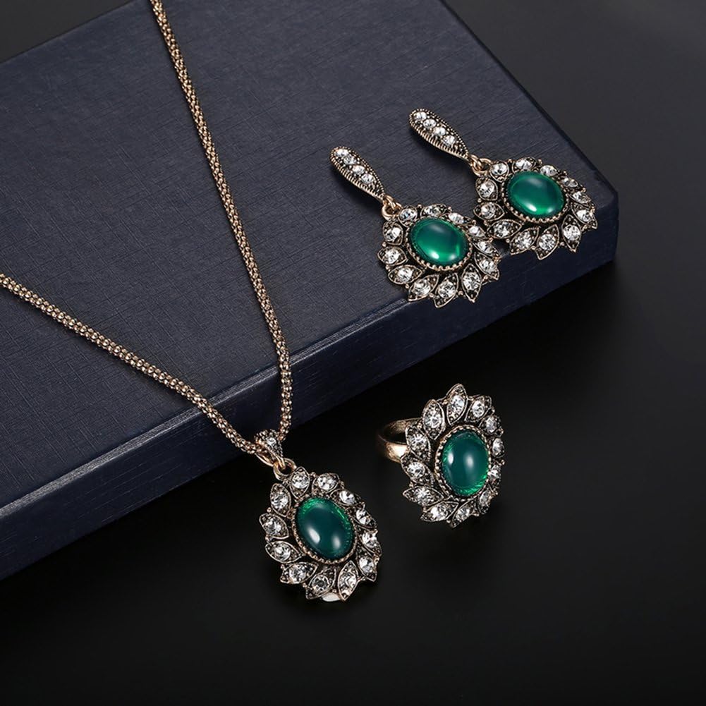 Vintage Flower Pendant Necklace Earrings Ring Turkish Jewelry Set for Women
