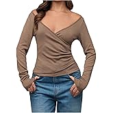 MakeMeChic Women's Deep V Neck Tee Shirt Wrap Long Sleeve Fitted Going Out Tops