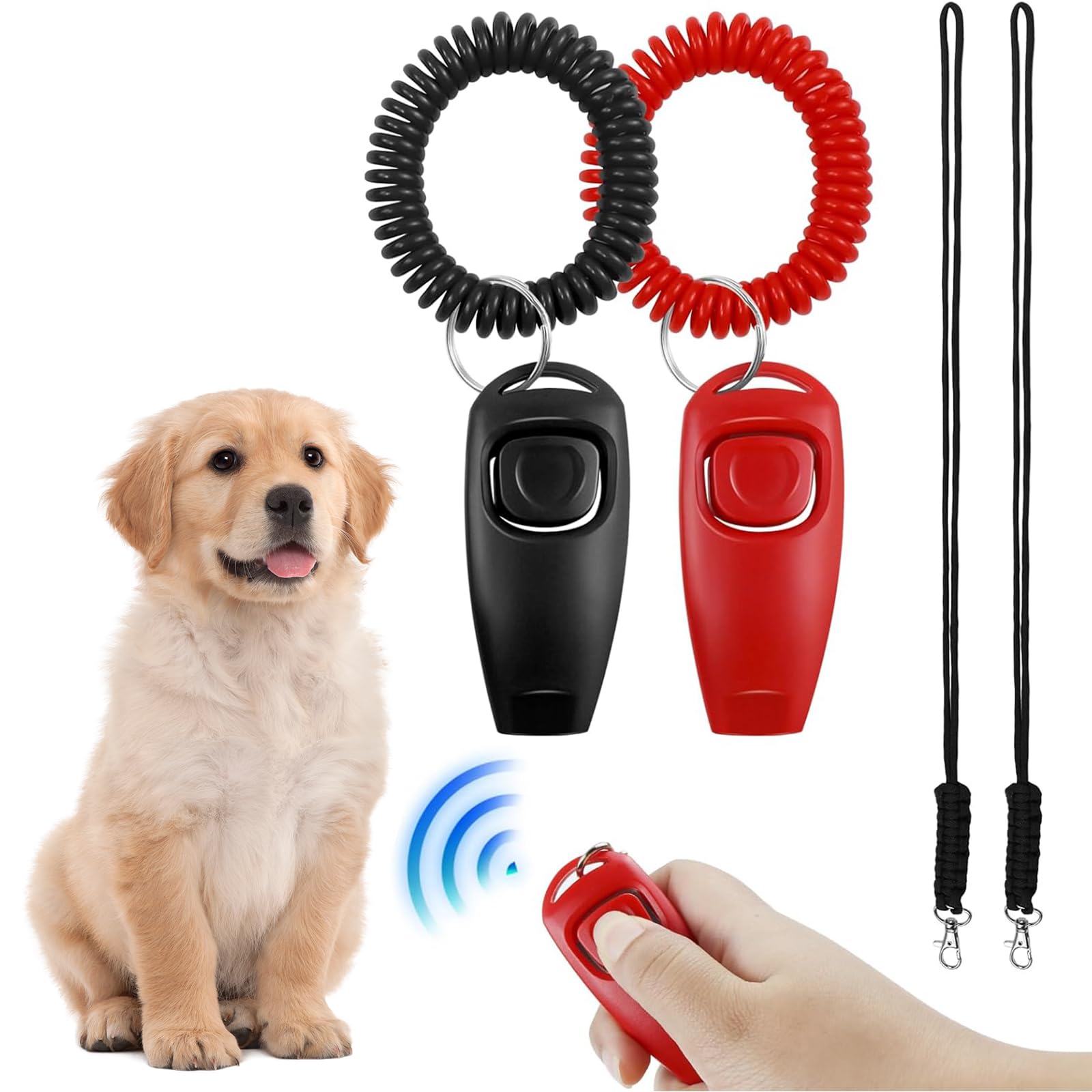 UZSUZZ Professional Dog Training Set, 2-in-1 Dog Whistle Recall Training, with Wrist Strap, Lanyard, Dog Whistle Recall Training, Pet Training Clicker and Whistle (2 Pack, Red & Black)