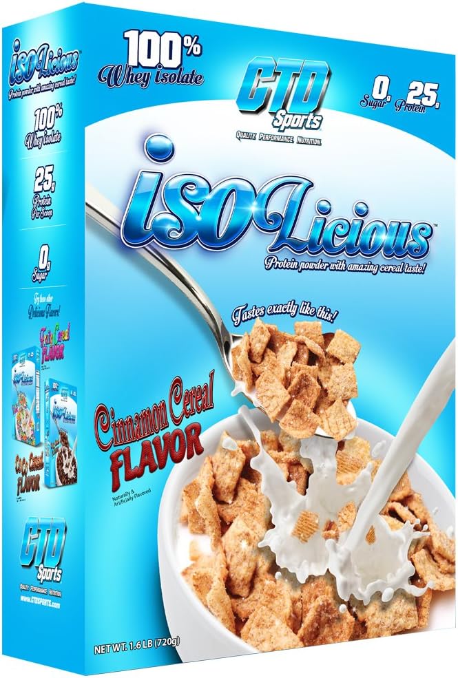 CTD Sports ISOLICIOUS 100% Whey Protein Isolate | 720g/24 servings Cinnamon Cereal Crunch flavour | 0g sugar, 0g fat 25g, protein, 110 calories per serving | Protein powder with amazing cereal taste!