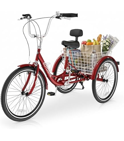 24 Inch Adult Tricycle, 6 Speed 3-Wheel Bike Adult Trike Bike Tricycle for Adults with Backrest and Basket Height Adjustable Cruise Trike Elderly Bicycle for Shopping Picnic Beach (White)