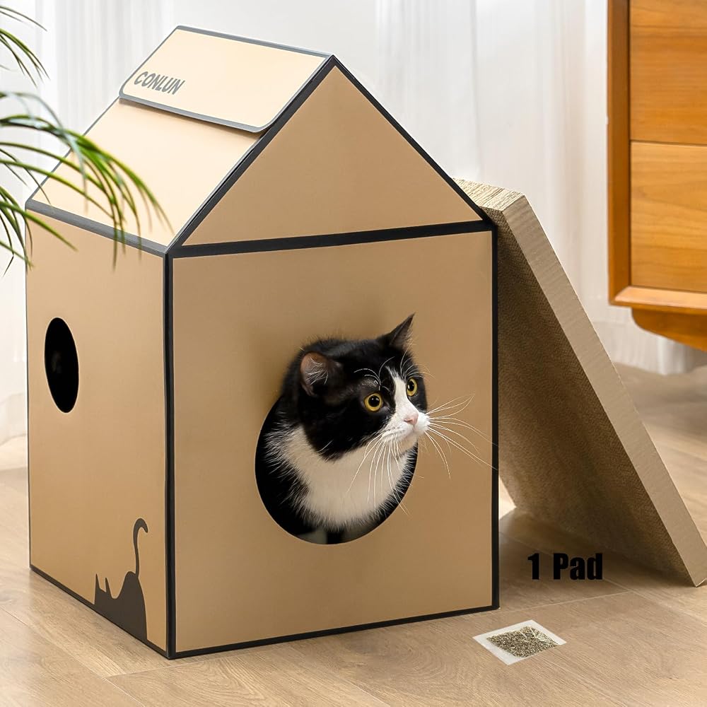 Conlun Cardboard Cat House with Scratching Board and Catnip Medium