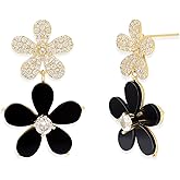 Frigotine Chunky White Black Flower Dangle Earrings for Women, Trendy Hypoallergenic Rhinestone Long Five Petal Dangling Earing Spring Birthday Holiday Jewelry Gift