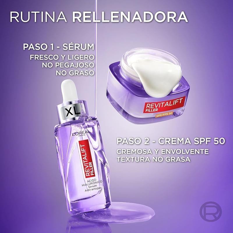 L'Oréal Paris Revitalift Filler Sérum Antiarrugas con Ácido Hialurónico, Péptidos. Nº1 del Mundo. Hidratación Duradera y Profunda. Ilumina y Rellena en 1H. Inspirado en Cosmética Coreana, 50ml XL