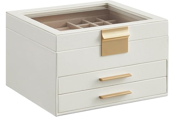 SONGMICS GISELLA Collection - Jewelry Box Organizer, 3-Layer Jewelry Storage with 2 Drawers, Shiny Metal Hardware, Glass Lid,