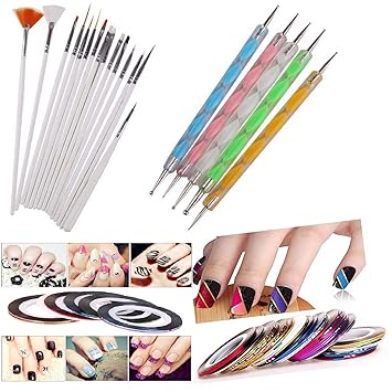 DALUCI 3D Nail Art Tools and 15 Nail Brushes for Design, Polishing, 5 Nail Dotting Pen, 10 Adhesive Nail Striping Tape (Assorted Colour) -30 Pieces