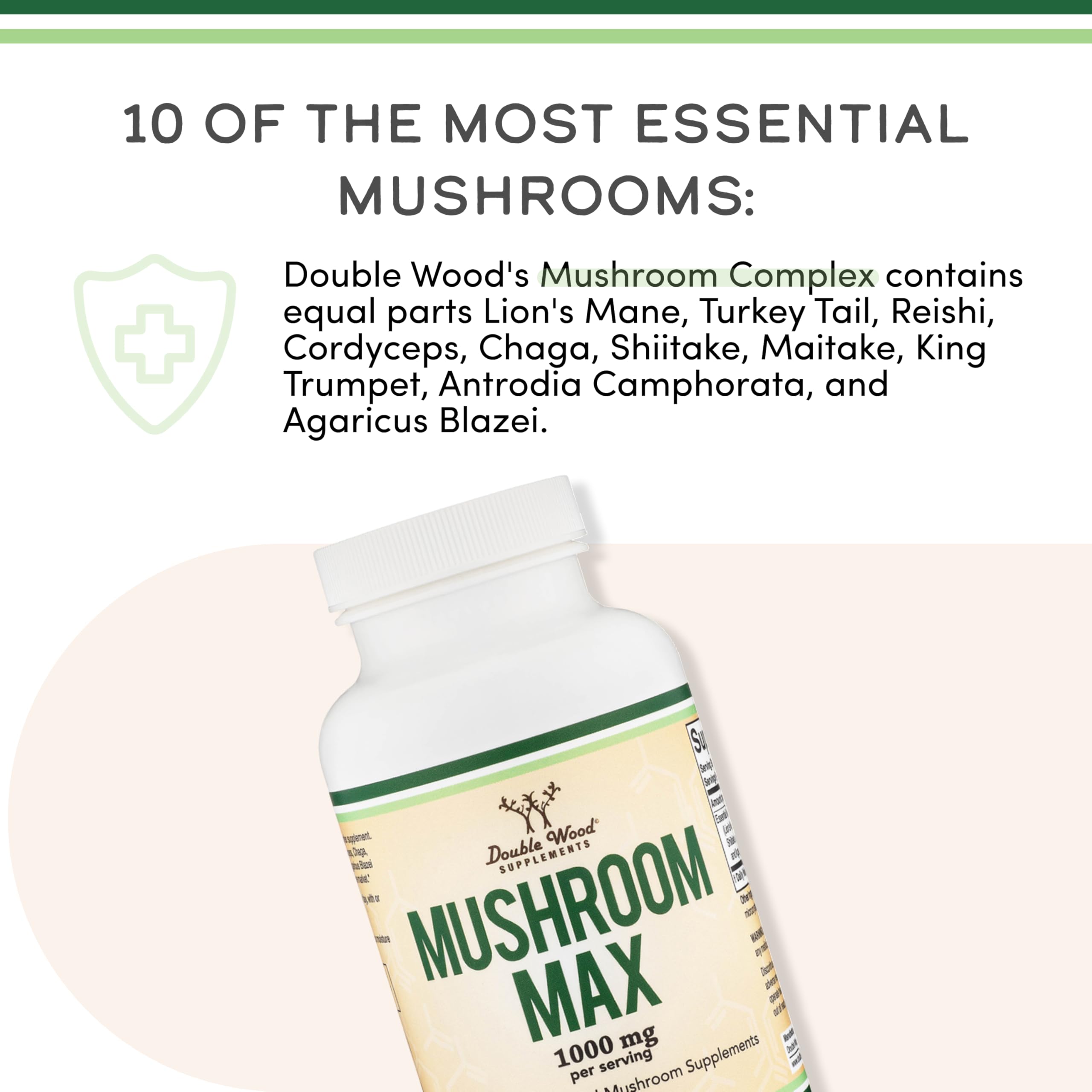 Double Wood Supplements Mushroom Complex Supplement - 1,000mg - 10 Most Essential Mushrooms (Lion\'s Mane, Reishi, Cordyceps, and More), 120 Capsules