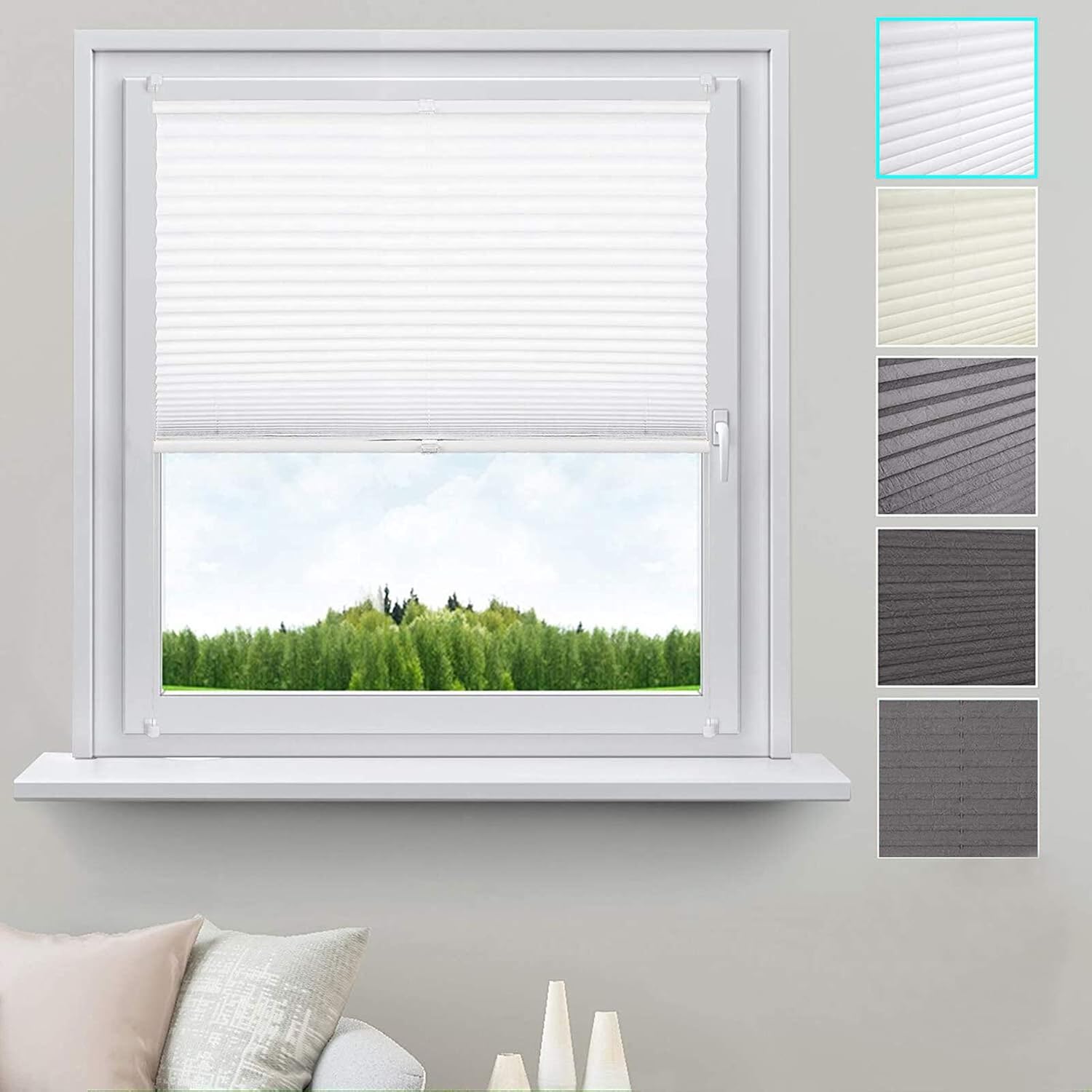 WOLTU Pleated Blinds Polyester No Drilling Easy Fix Pleated Shades
