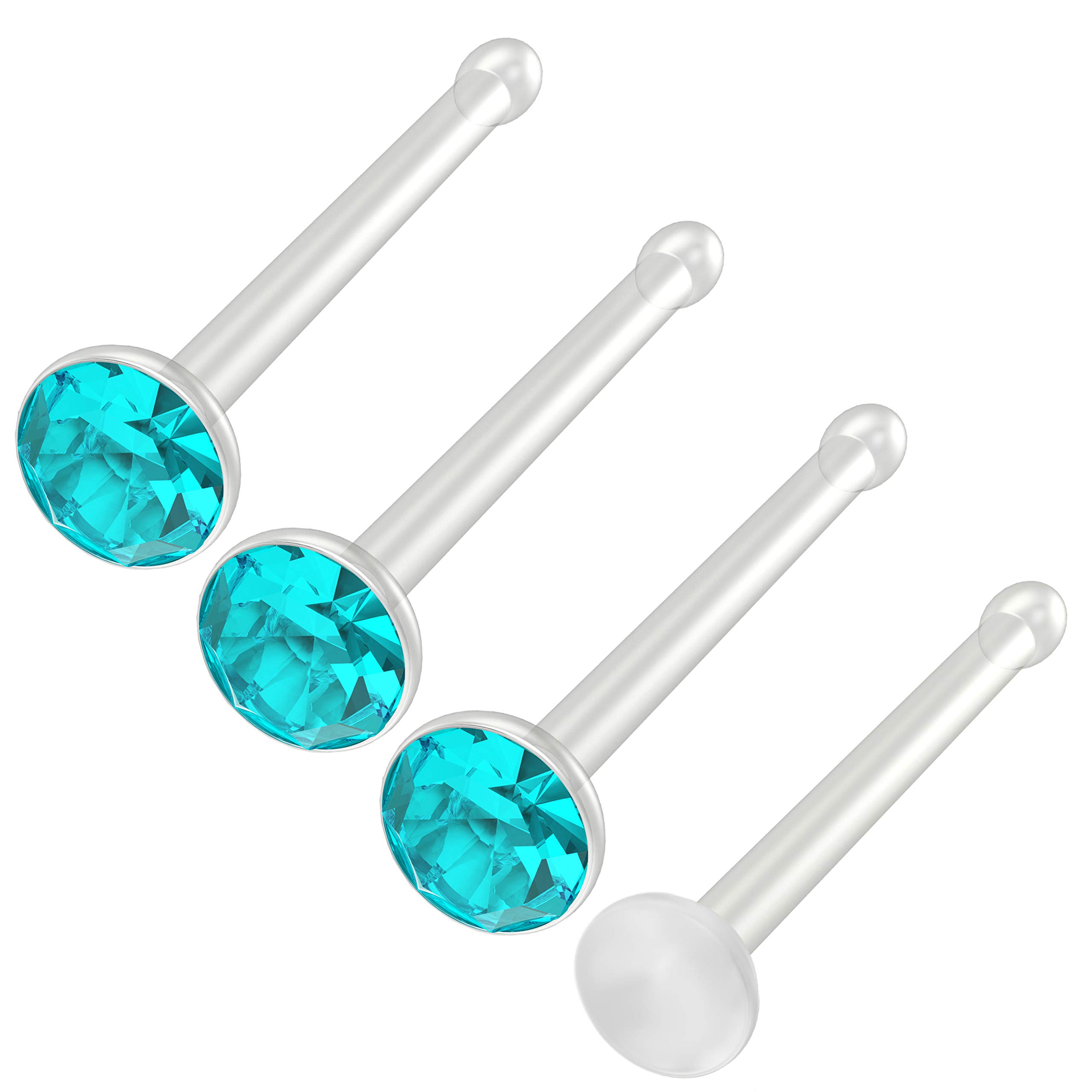Bling Piercing 4pc 0.8mm 20g 0.8mm Nose Studs Bone Straight Bar Nostril Ring Surgical Steel 2.5mm Crystal Aqua Bioflex Stud Retainer Keeper