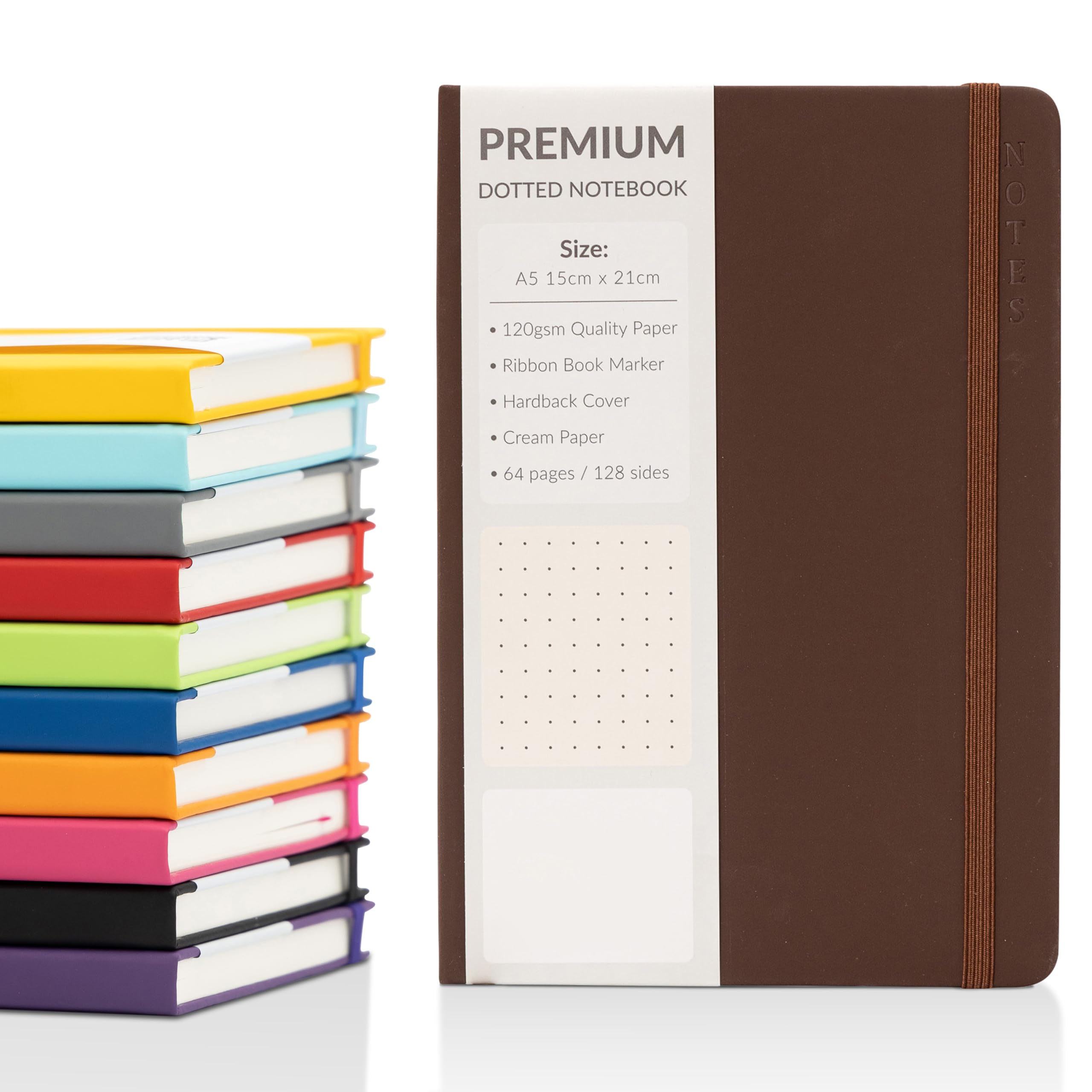 evelay A5 Notebook Dotted Journal with Faux Leather Hardback Cover and Premium 120gsm Thick Paper (128 Cream Pages, Chocolate)