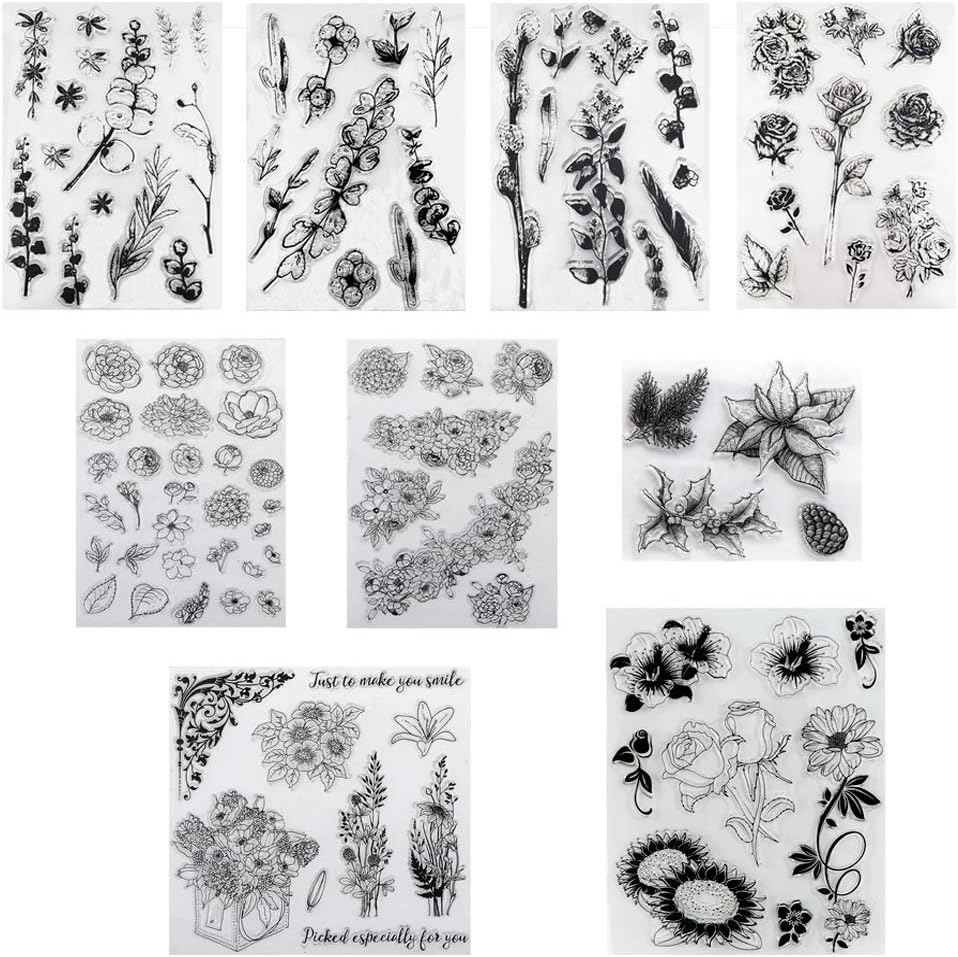 Ioffersuper 9 Pcs Decorative Clear Transparent Stamps with Floral Pattern, Silicone Stamp Set for Scrapbooking DIY Card Making