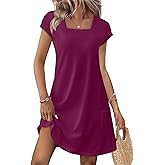 OFEEFAN Summer Dresses for Women 2026 Loose Square Neck Cap Sleeve Casual Beach Vacation Tshirt Dress Sundresses with Pockets