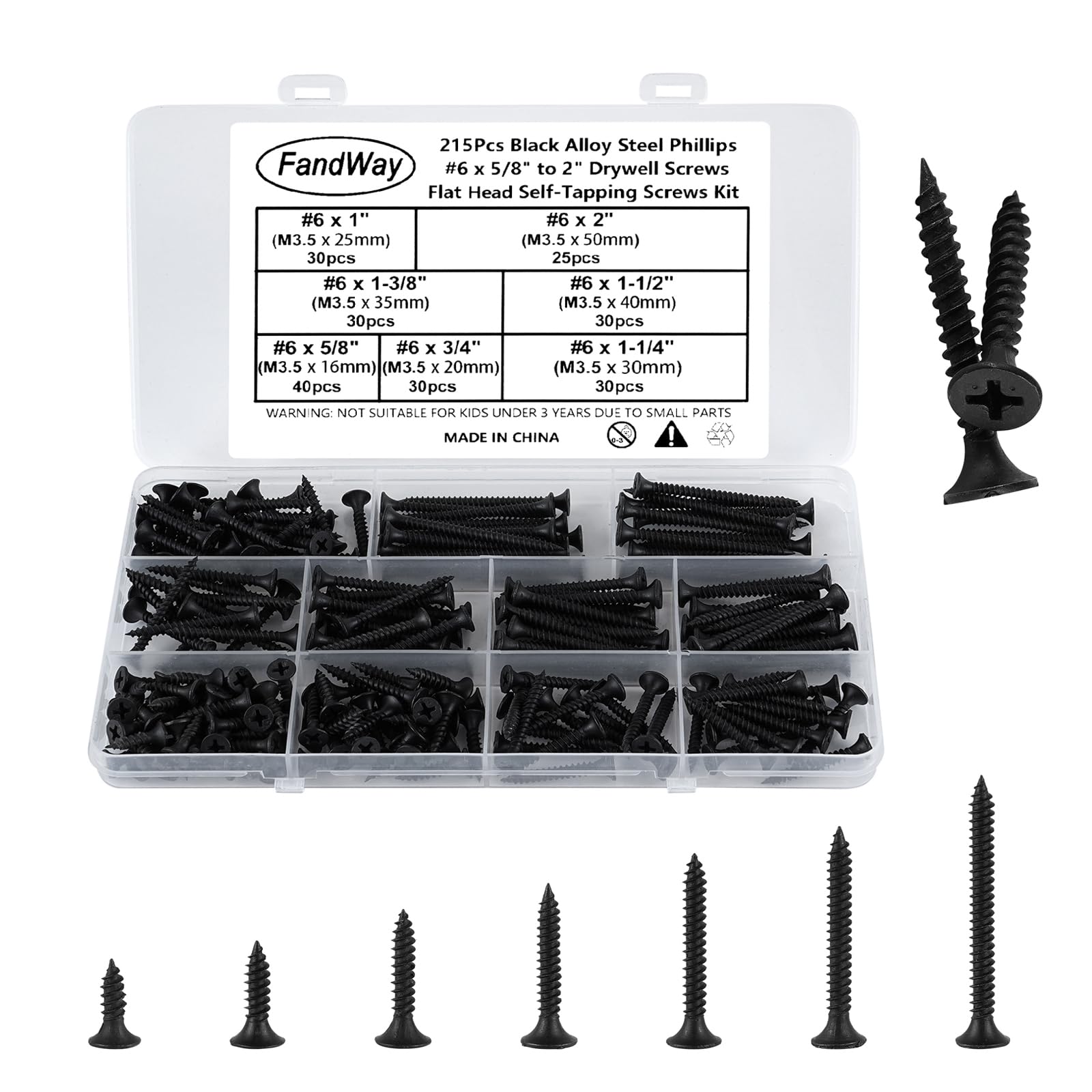 FandWay 215Pcs Drywall Screws Set,M4.2 Wood Screws Black,Flat Head Self Tapping Screw,Countersunk Head Self Drilling Sheet Metal Screw Phillips Drive for Soft Steel/Aluminum/Wood/Plastics.