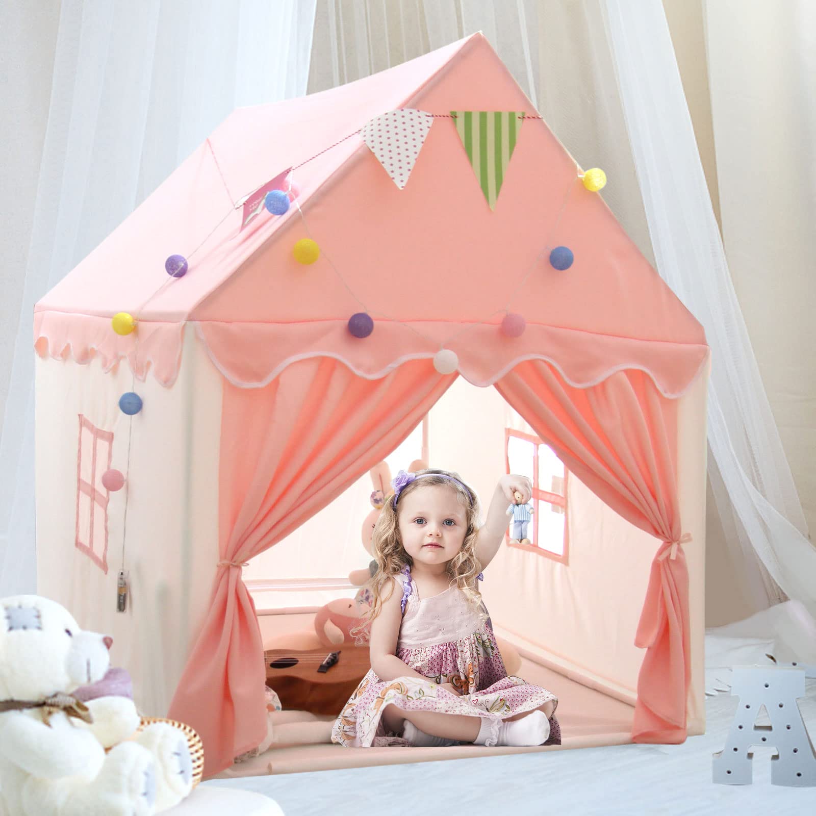 Princess Castle Play Tent for Kids, 100% Natural Fabric Extra Large Foldable Fairy Pink Tent for Girls, Playhouse with Lights and Flags for Children Indoor & Outdoor by WOOD CITY (52