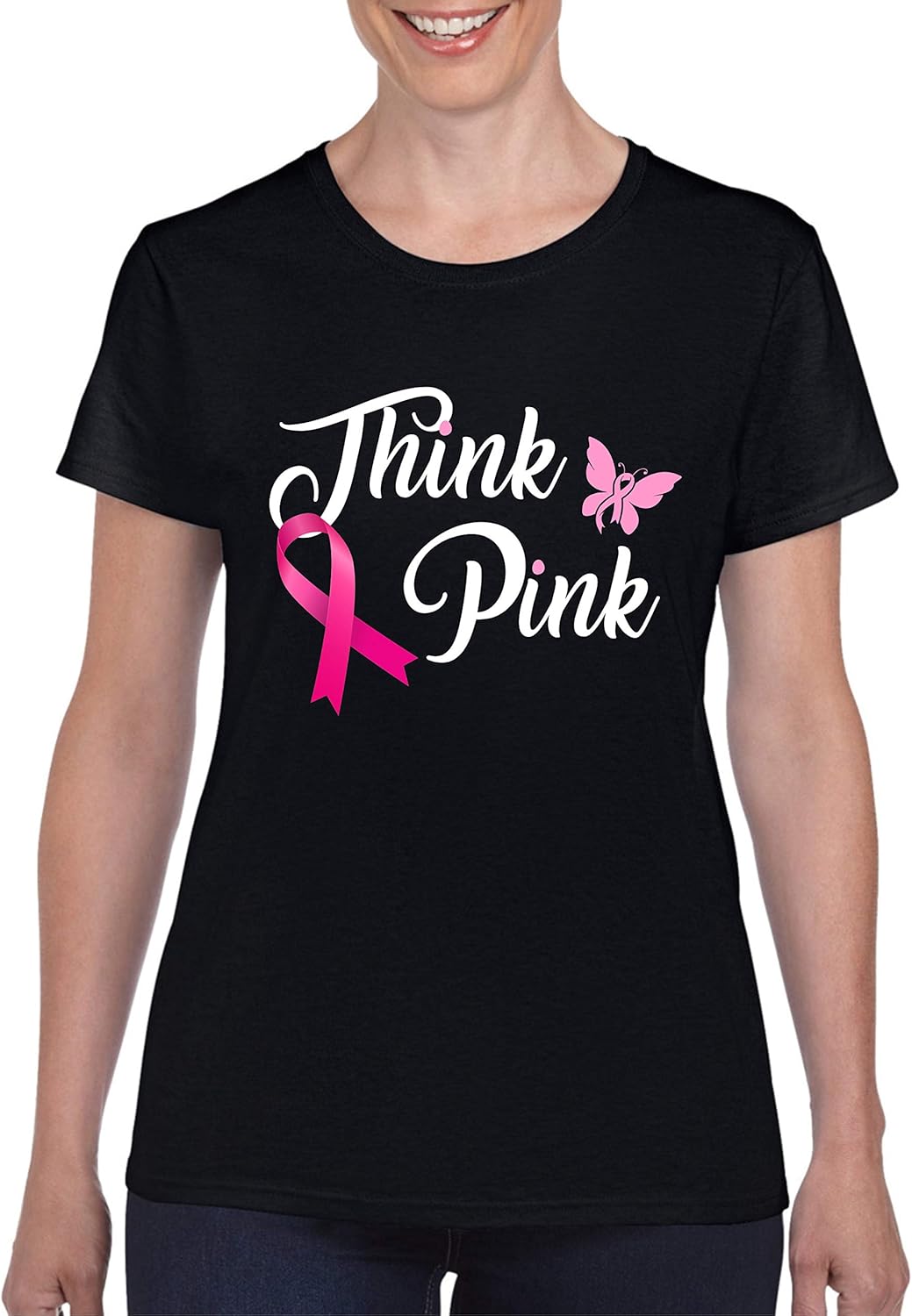 StitchPrint Think Pink T-Shirt, Breast Cancer Awareness Pink Ribbon Unisex Kids Adults Top 