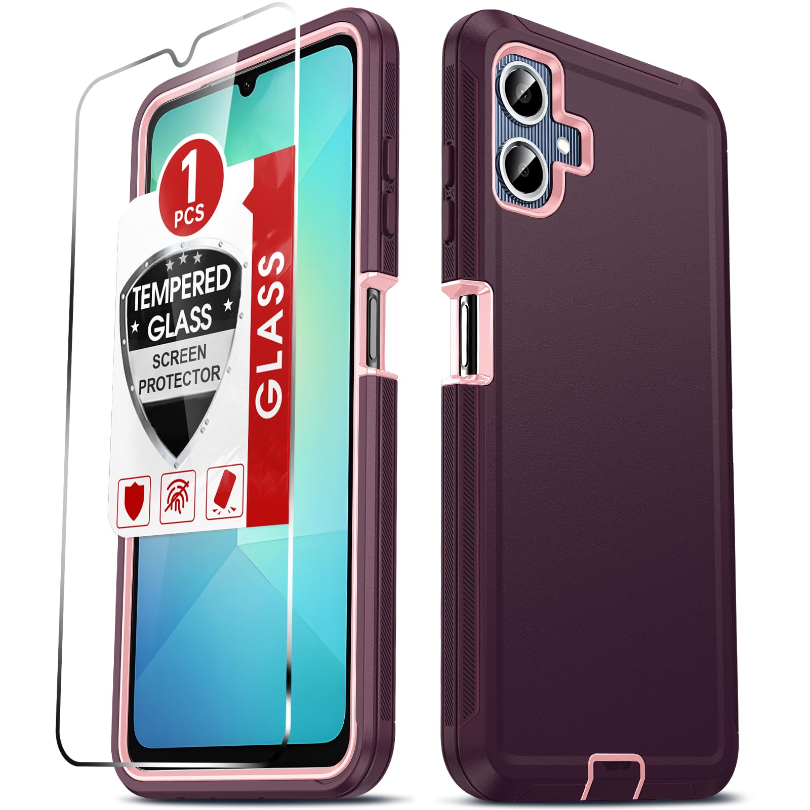 LeYi Compatible for Samsung Galaxy A06 Case:【NOT FIT A05】 Tempered Glass Screen Protector, Heavy Duty 3 in 1 Rugged Cover, Military Grade Shockproof Android Phone Funda para AO6 A 06, Wine Red+Pink