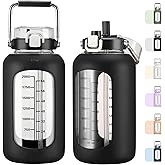 MUKOKO 84oz Glass Water Bottle with Time Marker and Silicone Sleeve 2.5L Water Jug with Stainless Steel Handle Gallon Drinking Bottle with 2-in-1 Lid Wide Mouth BPA Free, Black
