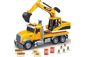 MOBIUS Toys Excavator Flatbed Truck Toy for Boys – Friction-Powered Construction Vehicle w/Flashing Lights & Sounds – Flatbed Playset for Kids Ages 3-9