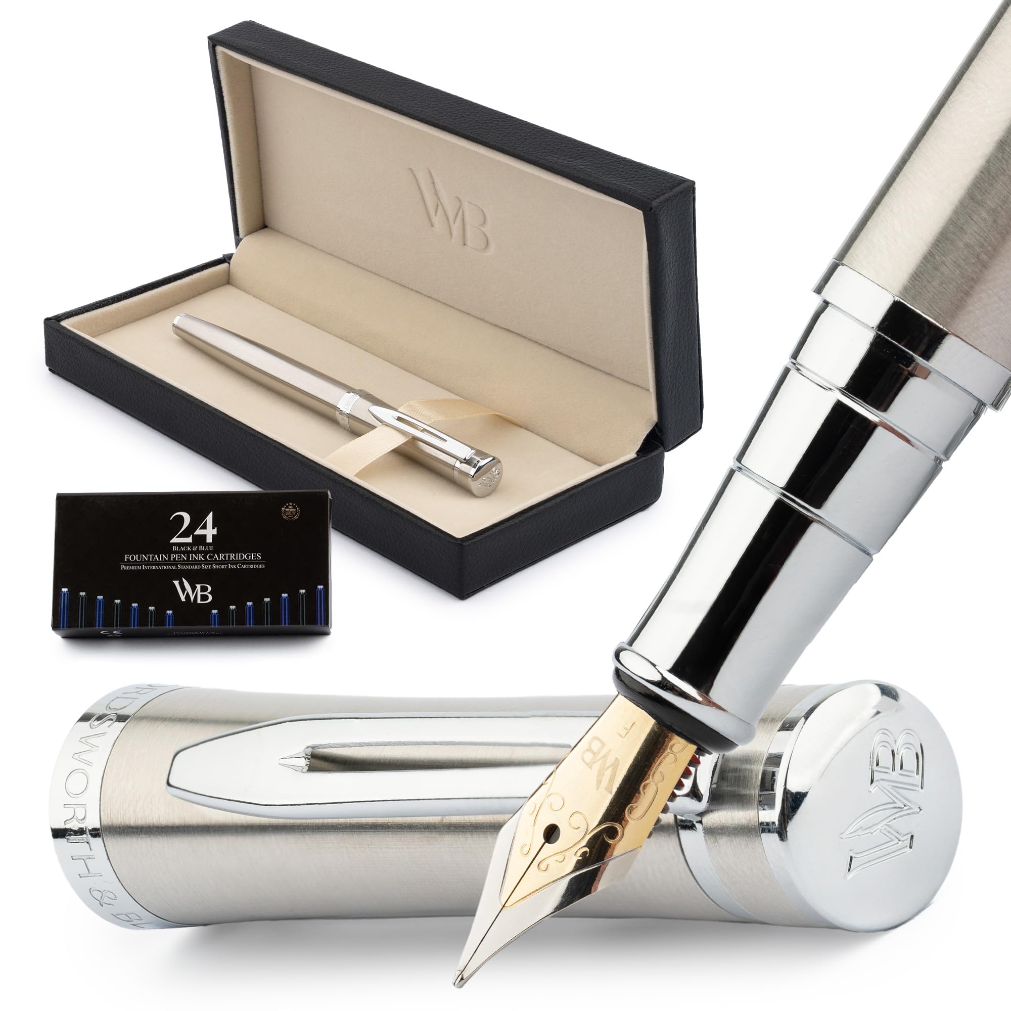 Wordsworth & Black Fountain Pen Set, 18ct Gold Fine Nib, Includes 24 Ink Cartridges, Ink Refill Converter & Gift Box, Gold Finish, Calligraphy [Chrome Silver] — image 1
