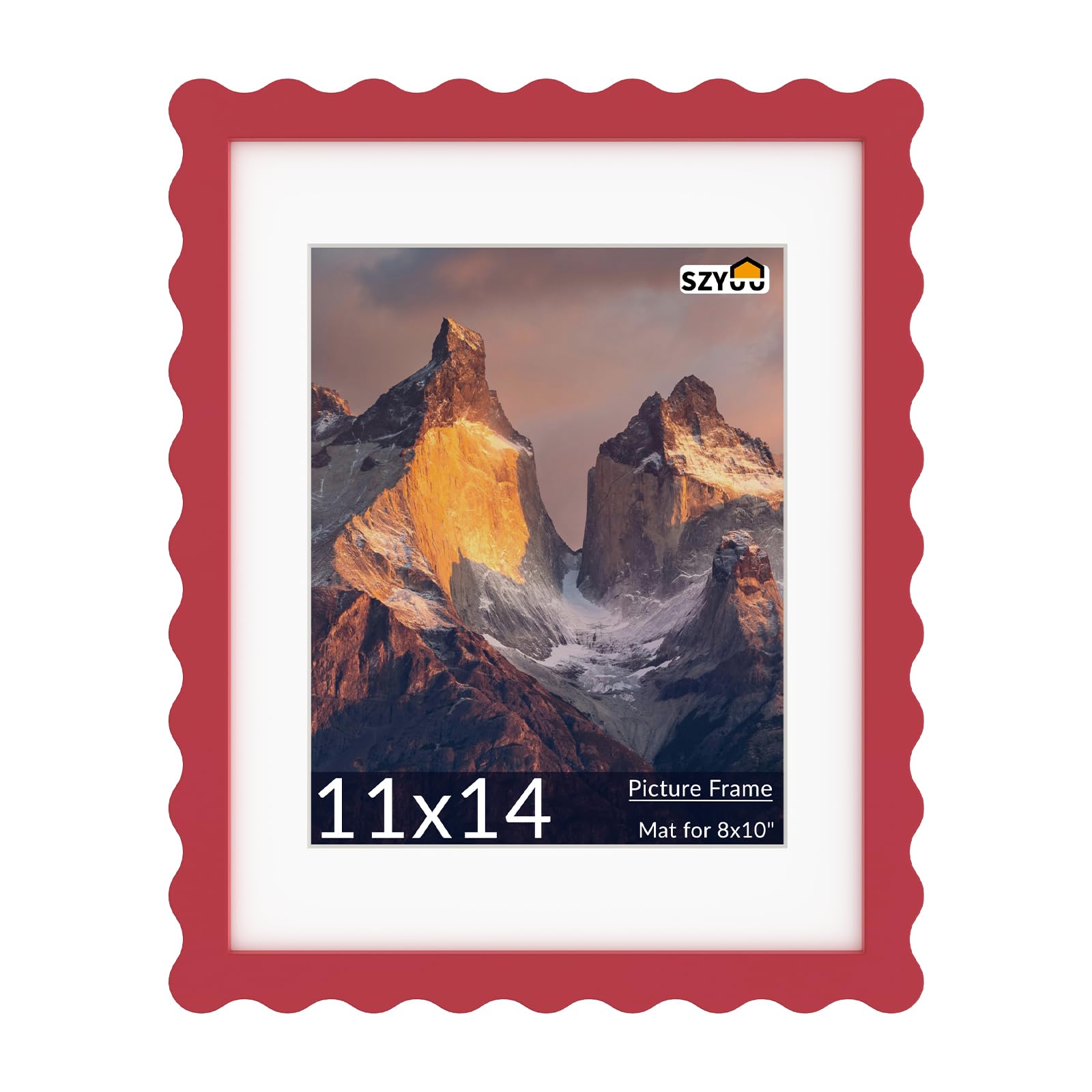 Photo 1 of SZYUU 11x14 Wavy Picture Frame with Mat for 8x10, Real Glass and Wooden? Frame - Tabletop or Wall Hanging Photo Frame(1 Pack, Red)
