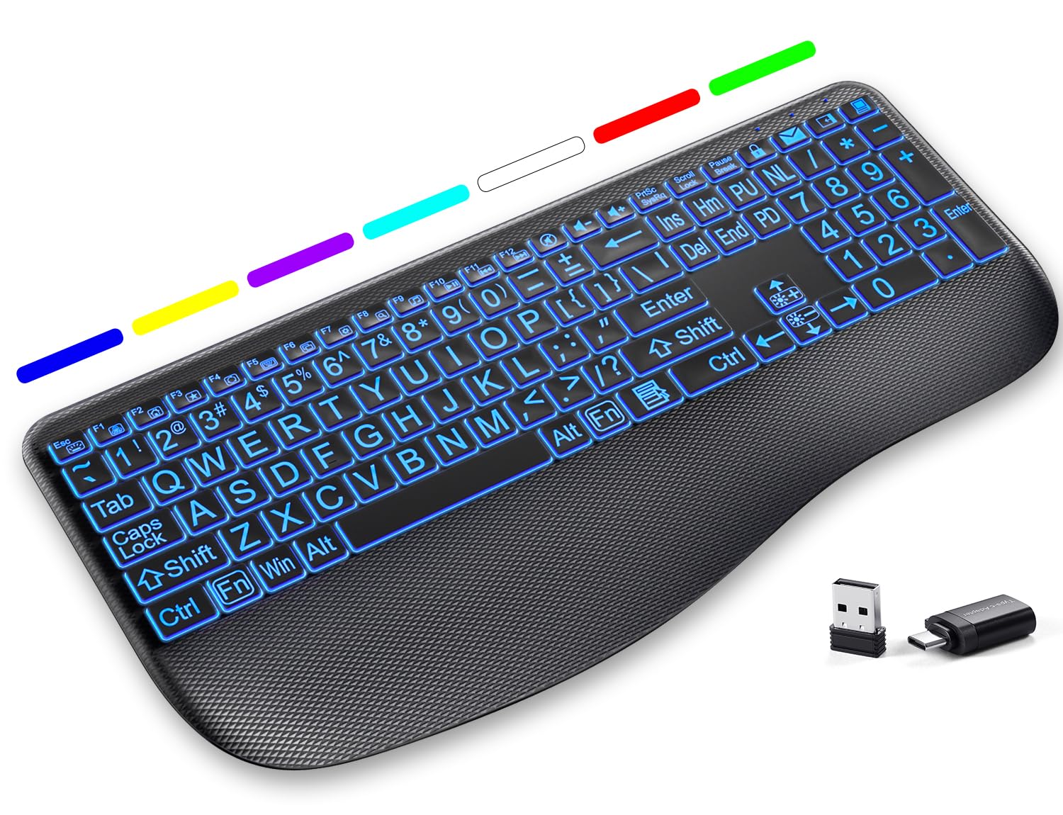 Photo 1 of Large Print Backlit Wireless Keyboard – Silent Keyboards with Wrist Rest, 7-Color Light up, Quiet Low Profile Keys, 2.4G Wireless Rechargeable Full Size Keypad for Computer Laptop Windows Mac, Black