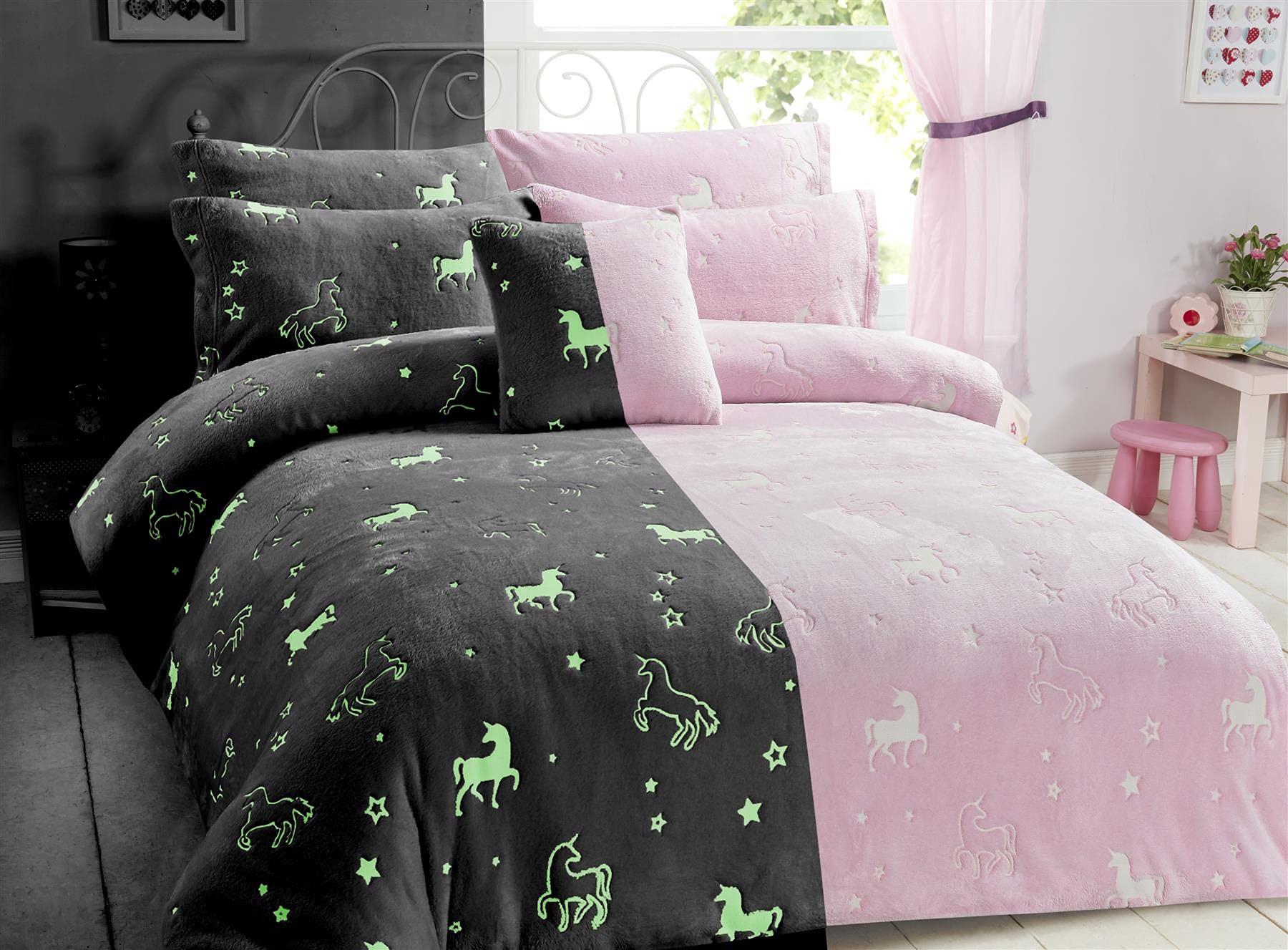 Olivia Rocco Glow In The Dark Teddy Fleece Duvet Cover Sets Soft Warm Kids Bedding Childrens Quilt Covers Set, Unicorn Single