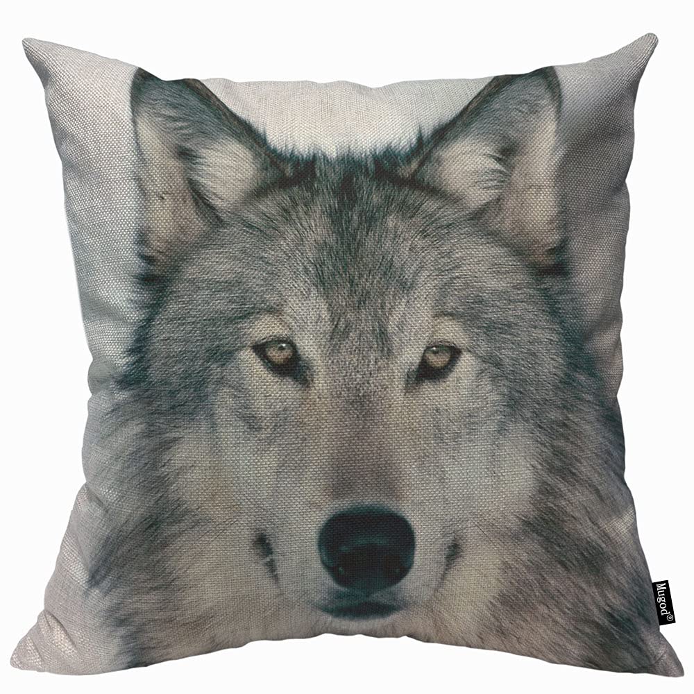 Mugod Grey Wolf Face Cushion Cover Throw Pillow Covers Alpha Male Timber Wolf Portrait Gray in Winter Pillow Case for Men Women Decorative Home Sofa Chair Couch 45x45cm/18x18 Inch